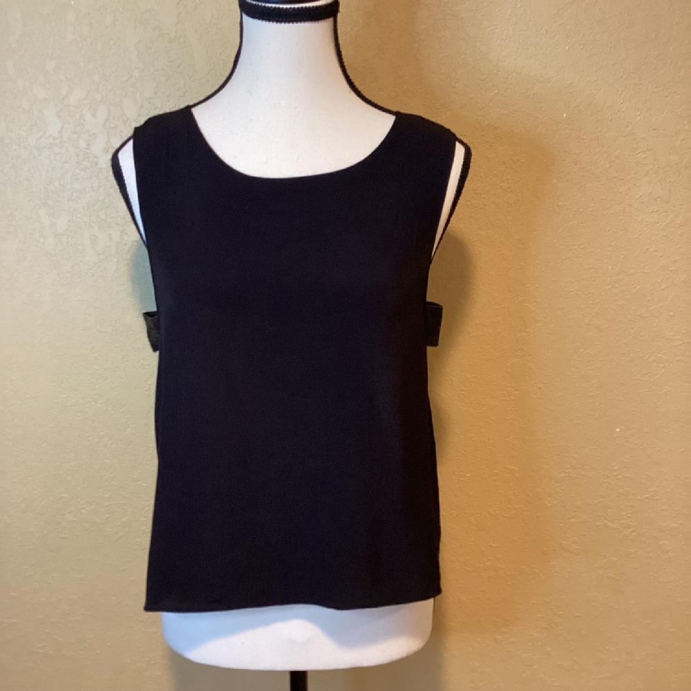 Veda Black tank top with cut outs on sides with leather detail, size medium